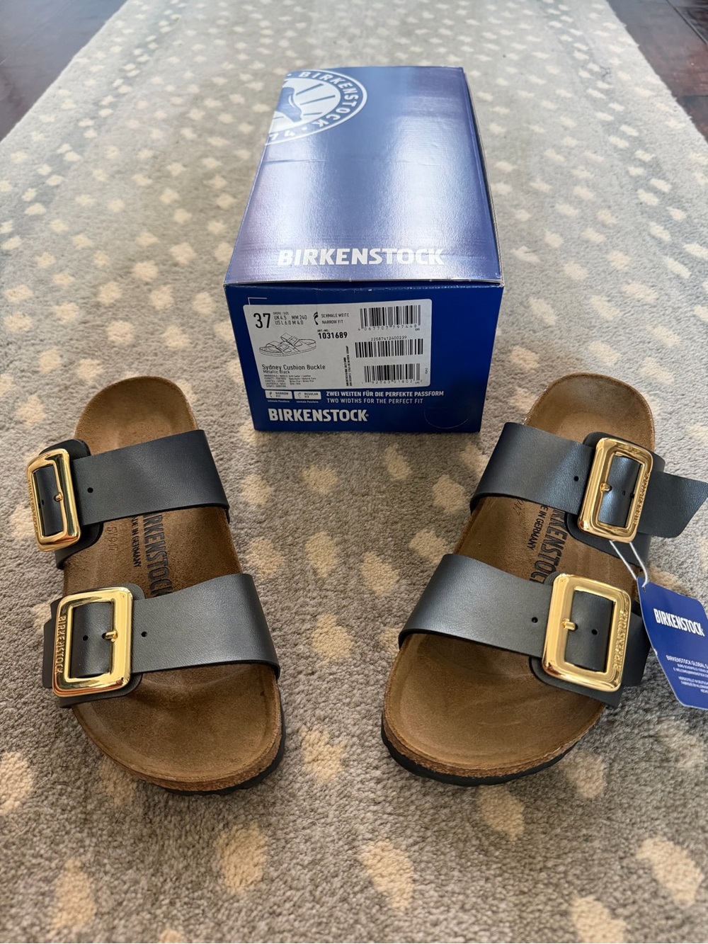 Birkenstock Women’s Black Arizona Sandals with Gold Buckles